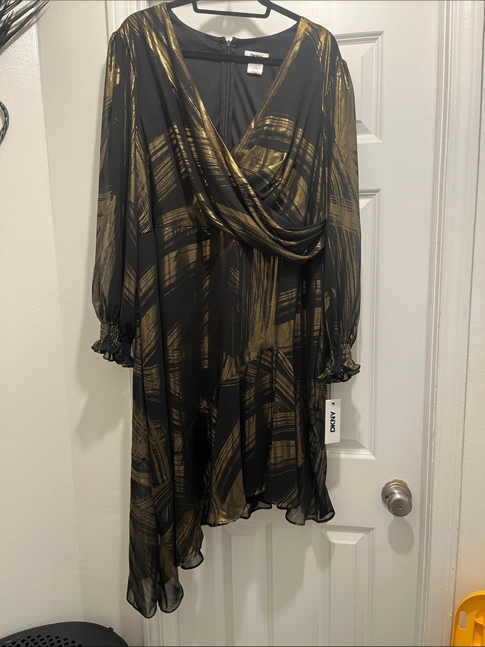 DKNY Black and Gold Asymmetrical Surplice Dress